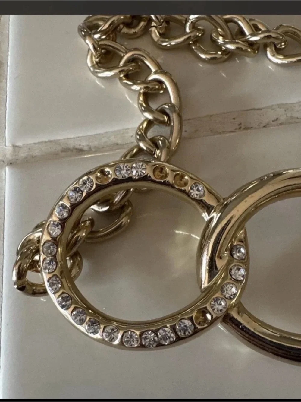 Guess Gold-Tone Linked Circle Chain Belt with Crystal Accents